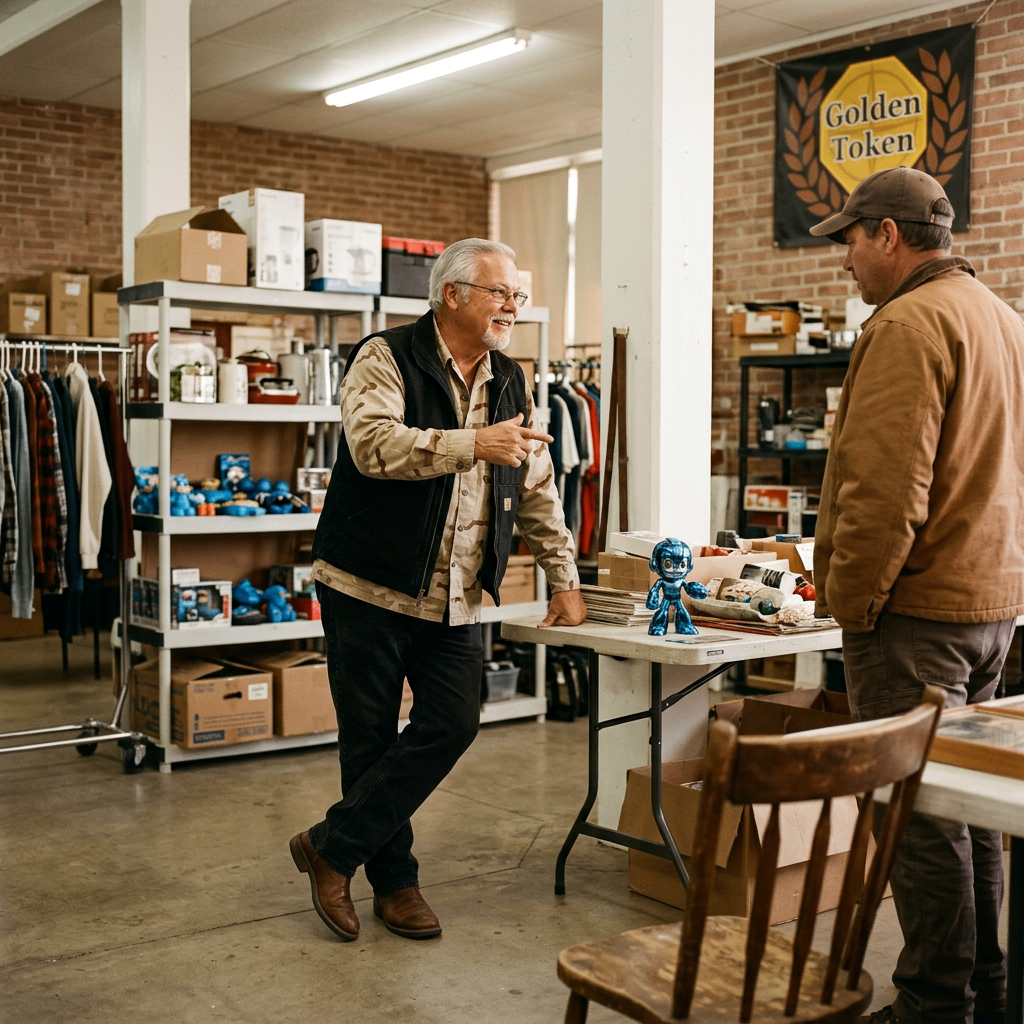 Tim conversing with a visitor in the Golden Token market store